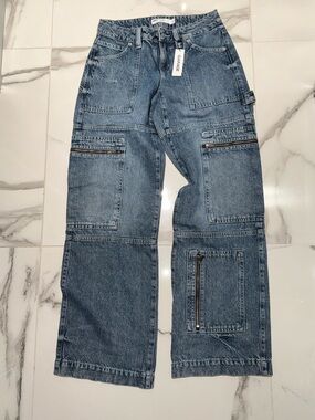 Garage  Blue Straight Utility Jeans with Zipper Pockets